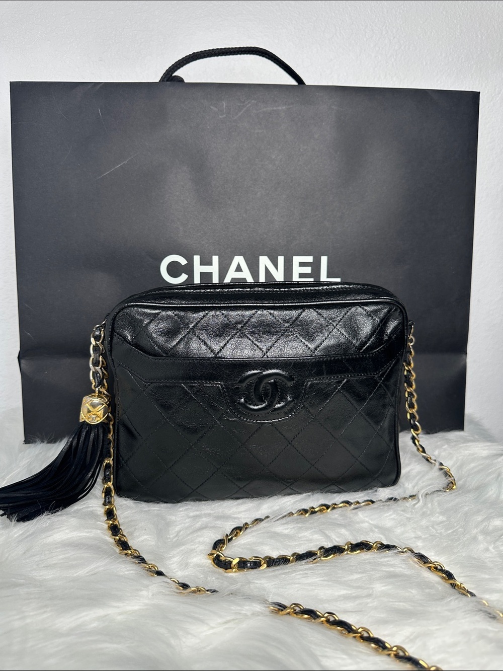 CHANEL Black Quilted Lambskin Crossbody with Tassel and Chain
